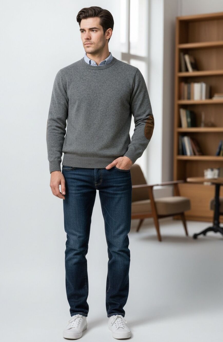 ERDOS Mens Wool Crewneck Sweater Gray Suede Elbow Patches Size L Quiet Luxury